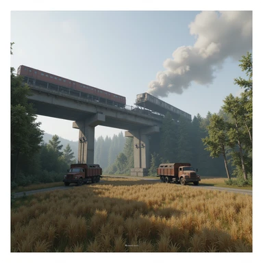  a screenshot of a location in a videogame  the image of the scene consists of:  [above-ground train freeway partially collapsed], a wooded area, a small field of wheat. distant smoke. tall concrete walls, derelict vintage work trucks, more distant smoke. polluted and war-torn sticker