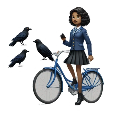 Silkstone enid sinclair from academy in blue and black vertically-striped school uniform skirt with jacket riding bikes with crows sticker