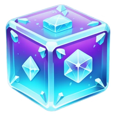 glowing ice crystal cube, icy neon cyan highlights, purple neon accents, dark background, digital tech style. sticker