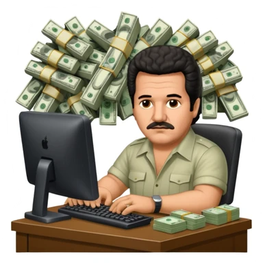 drug lord Pablo escobar using computer with money wallpaper as background sticker