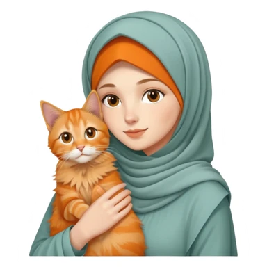 White girl wearing hijab holding orange mainecoon cat sticker