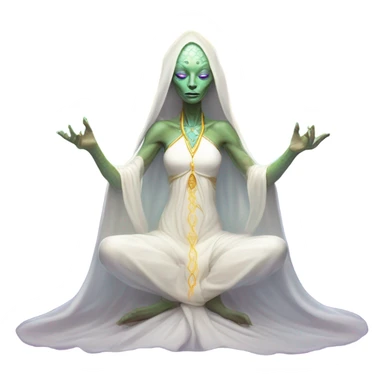 a Reptilian alien woman, white dress like a priestess, in meditation show aura sticker