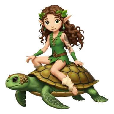 tiny forest elf long curly brown hair tattoos riding turtle sticker