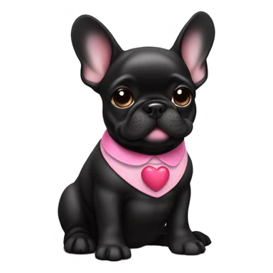 Solid black Frenchie pup with pink collar with a small heart sticker