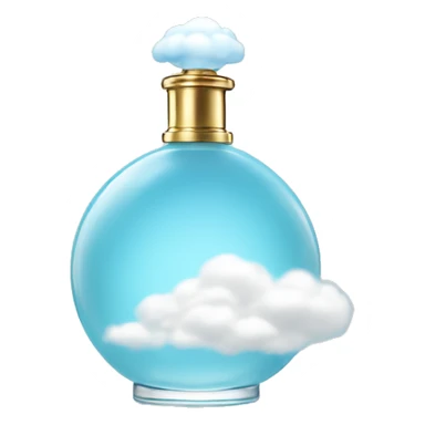 light blue round perfume bottle with large white cloud decoration at its base sticker