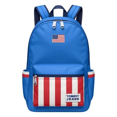 simple blue backpack, at the bottom pocket there is a  tommyjeans logo featuring a Tommy Jeans-inspired logo. The logo looks like a vertically-striped American flag in red, white, and navy. The flag stripes are vertical, not horizontal. Flat

 sticker