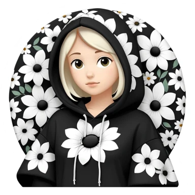 "Generate a black hoodie with scattered medium-sized black and white flowers. Each flower should have a bold, thick white ring as petals with a completely hollow center, creating an open, circular appearance. The flowers should be irregularly shaped, not symmetrical, and spread across the hoodie, including the sleeves and hood. Avoid detailed petals, shading, or filled centers—just simple, bold, hollow ring-like floral patterns sticker