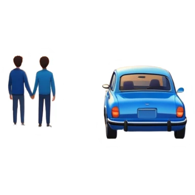 A parked blue car sits quietly on the side of an open road, facing a breathtaking sunset. Two people stand outside, backs turned, watching the horizon. The road stretches endlessly ahead, surrounded by a peaceful, glowing landscape full of light, warmth, and possibilit sticker
