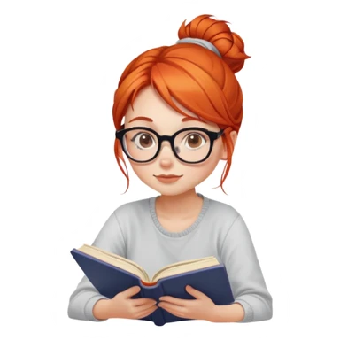 cute girl with red/orange hair sitting reading a book with hair in messy bun and glasses on sticker