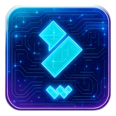 Transform the Wondershare Filmora logo into a cyberpunk style matching the folder icon's look. Use a solid, filled-in dark blue square with rounded corners as the background, just like the original icon. Center the Filmora logo inside the square, maintaining its original colors and shapes. Overlay strong neon blue and pink glow, holographic circuit patterns, and a luminous effect across the entire square and logo. Keep the style flat, clean, and futuristic without 3D shading. The area outside the square should be transparent. sticker
