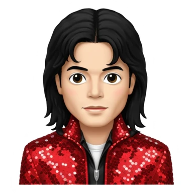 Michael Jackson with black long hair, red sequin jacket, black shirt, light skin sticker