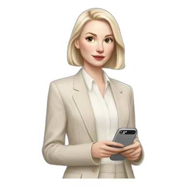 pale skin woman with ash blonde Straightened bob Hair, White Spacious classical jacket, beige palazzo Arrow pants and gray blouse holding white IPhone 15 pro in the hands sticker