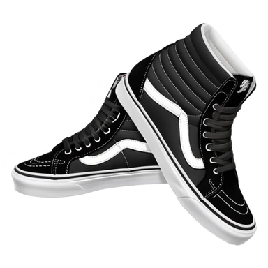 Pair of black Vans Sk8-Hi high top sneakers with white stripe, one positioned behind the other, showing the signature side stripe, black canvas and suede sticker