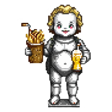 Belgian Manneken Pis statue holding a beer in one hand and fries in the other, pixel art sticker