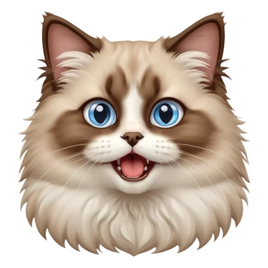 cinematic-adorable-big-eyed-fluffy-brown ragdoll-cat-portrait-emoji,-head-tilted-playfully-with-a-cute,-yawn,-white and brown fur,-simplified-yet-irresistibly-cute-features, blue eyes sticker