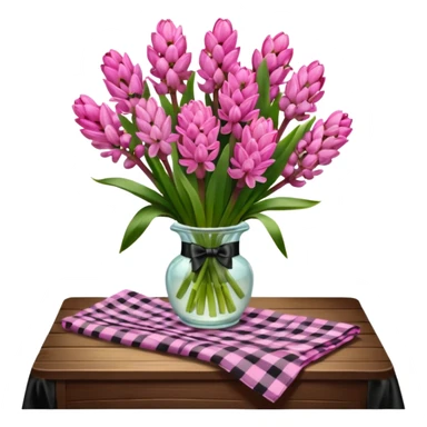 A lush bouquet of bright pink color Hyacinths black satin ribbon, resting on an antique wooden table, with a pale yellow and pink plaid pattern table cloth sticker