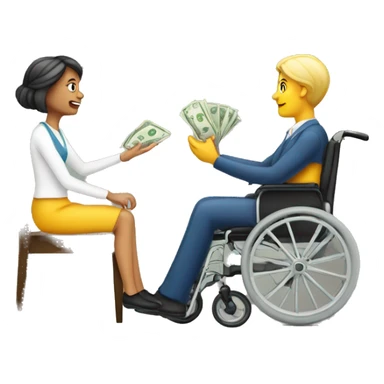 person in wheechair talking money with lady sticker