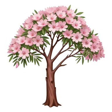 Cinematic Realistic Melaleuca Emoji, Elegant and resilient, with peeling, papery bark and delicate, needle-like leaves. The tree stands tall and graceful, with clusters of white and pink flowers dotting the branches. Soft glowing outline, capturing the essence of natural elegance and resilience in a beautiful melaleuca tree! sticker