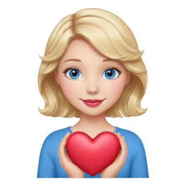 Girl Blonde short wavy hair,  blue eyes, cute blue top, long lashes, pink lips, smiling, holding a big heart sticker