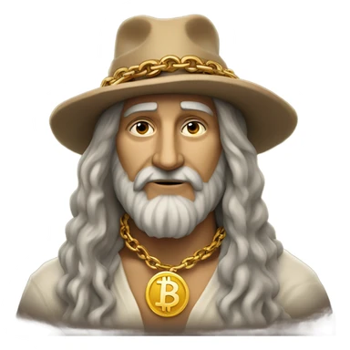 Leonardo da vinci with gold Bitcoin chain with old artist hat sticker