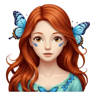 Woman with long flowing auburn hair wearing a butterfly sticker