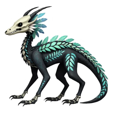 Rare realistic skeletal tribal patterned whitish pastel colorful iridescent shiny glossy feathery epic handsome gorgeous aesthetic black-skulled Vernid-Trico-Sergal-Salandit-Nargacuga-species-Fakemon-creature by LiLaiRa, 4 legs, 1 tail, random markings, (full body) long ears sticker