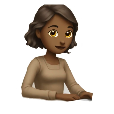 A girl at a table with a laptop. A a cup of coffee on the left side of the table. Books on the right side of the table. in beige tones sticker