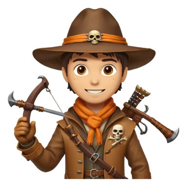 male human monster hunter emoji, wearing brown leather coat and wide hat, holding crossbow or rifle, with amulet shaped like skull, Halloween fantasy theme, confident smile, orange scarf, Apple emoji style, clean white background, square image sticker