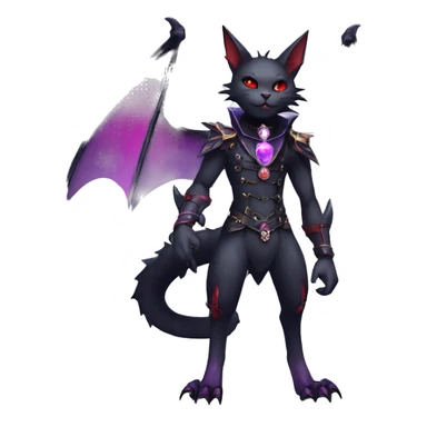 cool kawaii edgy evil black purple red ethereal fantasy beautiful elegant nargacuga-bat-cat-Fakemon wearing legs spats a collar harness with jewelries full body sticker