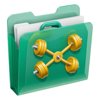 A translucent green plastic folder with rounded corners, elastic string and button closure, clean minimal look, and a dumbbell/gym symbol on the front. sticker