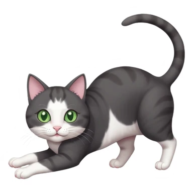 beautiful female solid dark grey cat with green eyes, white toes/paws and white patch on her chest playfully rolling upside down sticker