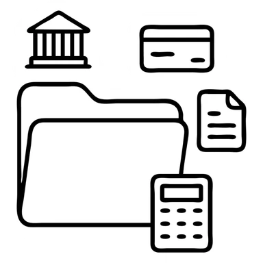 Closed folder icon with small symbols floating around: bank building, credit card, calculator, and document – organized financial archive sticker