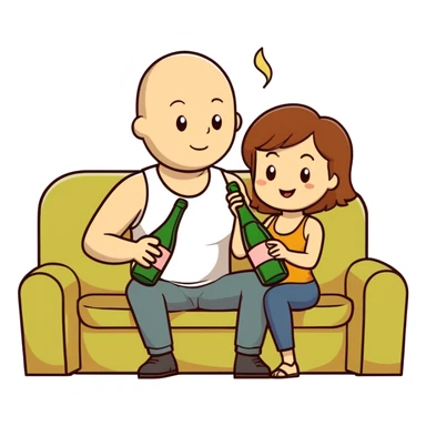 A bald man sitting on a couch. One Caucasian woman with brown hair, big boobs, wearing pants and a tank top, kneeling on the ground. She is hold a champagne bottle on his lap that is bursting sticker