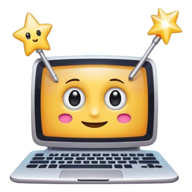 cheerful 2D cartoon emoji of a computer with friendly eyes and a magic wand, surrounded by sparkles, representing AI-generated content in a fun way, in the style of standard Slack emojis sticker