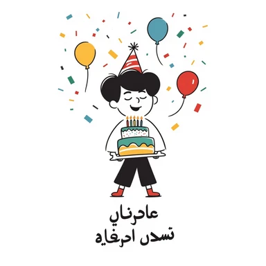 Vibrant, multi-colored illustration of a little boy with a colorful birthday cake, lots of colorful confetti, balloons, and party elements. Below the illustration, in a separate text area, write in very clear, large Persian characters: "امیدرضا جان تولدت مبارک" sticker