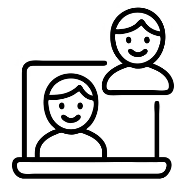 Minimalist illustration of a virtual meeting with two smiling individuals, one on a laptop screen, expressing connection and communication. sticker