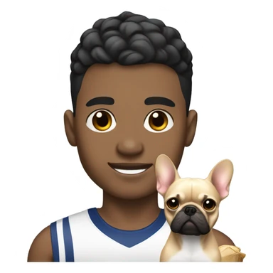 athletic light skin male with really short black fade hairstyle holding a french bulldog sticker