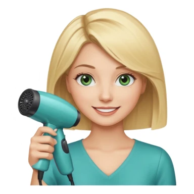 Blonde bob girl hair stylist with blue green eyes holding a hair dryer sticker