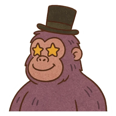 amazed purple gorilla with star eyes and a tophat, cartoonish style sticker
