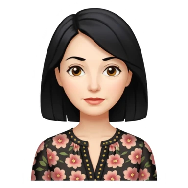woman in her 50s, shoulder-length black hair, wearing a patterned blouse, gentle expression sticker