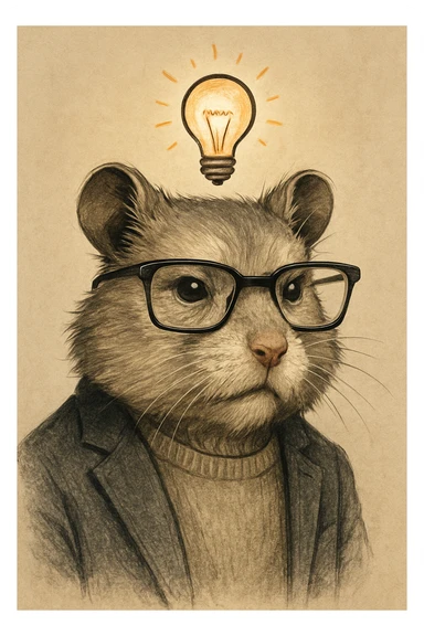 a contemporary, mature-looking hamster, inspired expression, fashionable glasses, and a lightbulb symbolizing an idea, sophisticated illustration style sticker