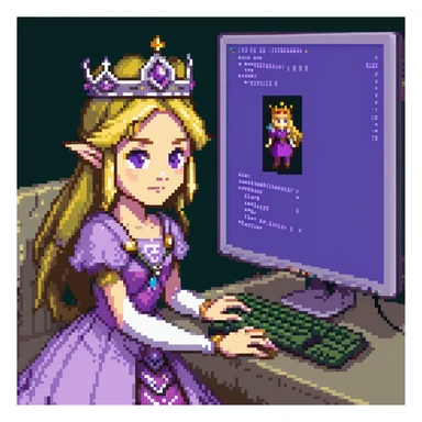 Princess Zelda wearing her crown and purple dress programming with code visible on computer screen sticker