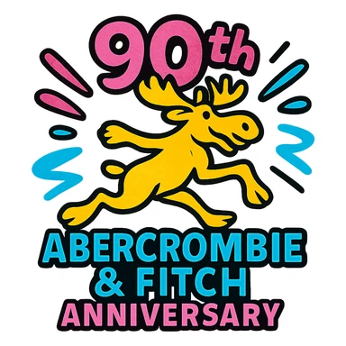 A lively 90th-anniversary logo for Abercrombie & Fitch, showcasing a sleek and contemporary look. The logo includes the brand's moose mascot in a dynamic pose, surrounded by abstract shapes that suggest movement and energy, using bright and bold colors. sticker
