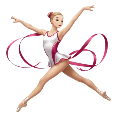 A graceful rhythmic gymnast performing with a flowing ribbon, executing an elegant leap mid-air. The pose exudes flexibility, balance, and artistry. The background suggests a competition arena with soft lighting, emphasizing movement, precision, and the beauty of the sport. sticker