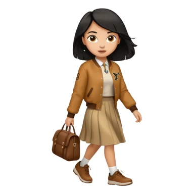 black color hair, light skin long hair girl with brown varsity jacket and long skirt walking

 sticker