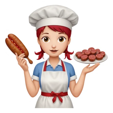 Charcutera con un chorizo y embutido en la mano con una redecilla en el pelo y delantal blanco y añade mucha carne alrededor sticker