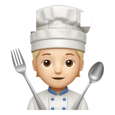 rounded square mobile app logo design, 3d icon of a chef's hat and a fork combined, subtle gradient, minimal soft blue background, flat design, clean, professional food service icon sticker