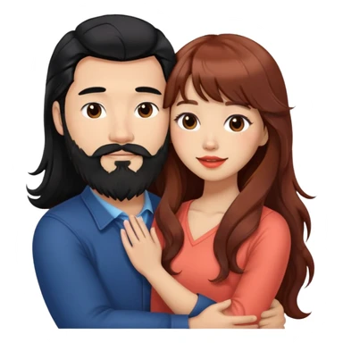 handsome mixed white asian man with long black hair and beard, hugging cute tan skin woman with long wavy reddish brown hair with bangs and coral lipstick sticker