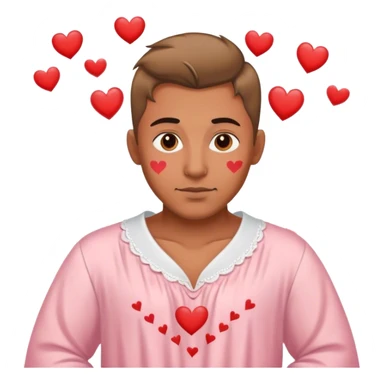 Happy man in nightgown with hearts around him. He has a tattoo sticker
