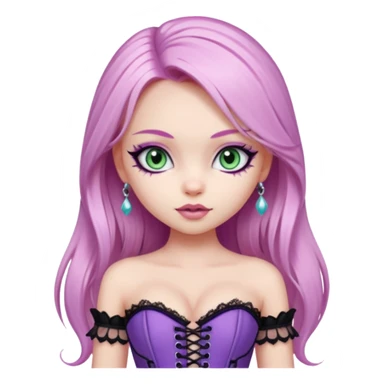 pretty bratz girl, long straight LIGHT pink HAIR, jade kitten eyes, black eyeliner, pale skin, purple corset clothes with laces sticker